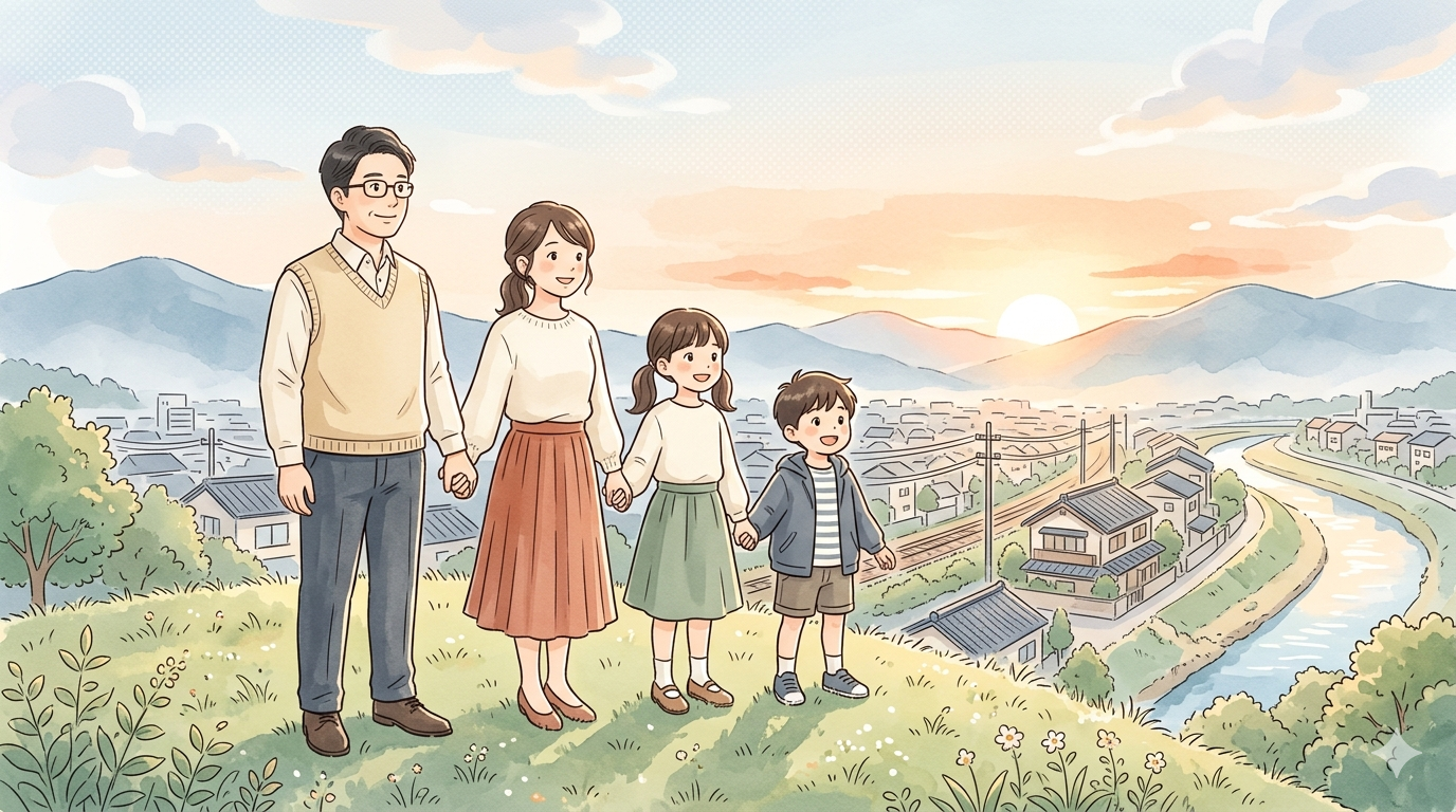 朝の丘で日の出を見つめる40代の家族