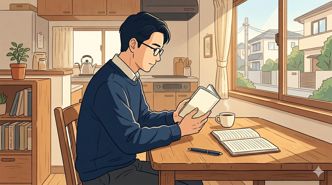 ダイニングで本を読む40代の父親