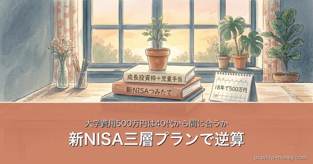 大学費用500万円を40代から新NISA三層プランで準備する構造図｜FP2級の月額逆算ガイド