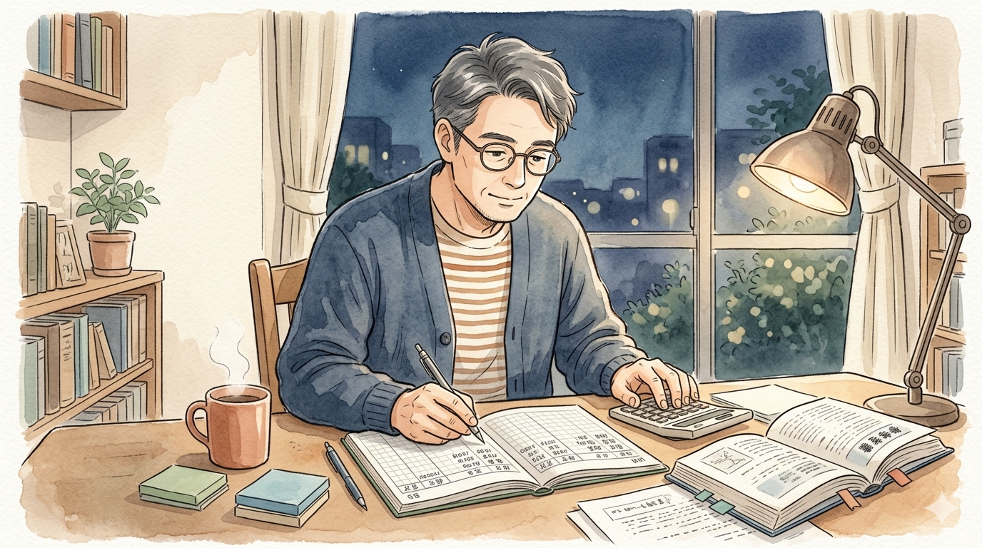 自宅デスクで仕訳を手書きで学ぶ40代会社員パパの水彩イラスト