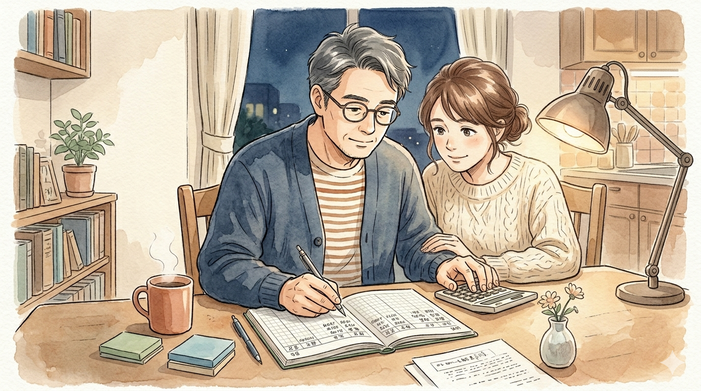 ダイニングで夫婦が家計バランスシートを一緒に眺める水彩イラスト