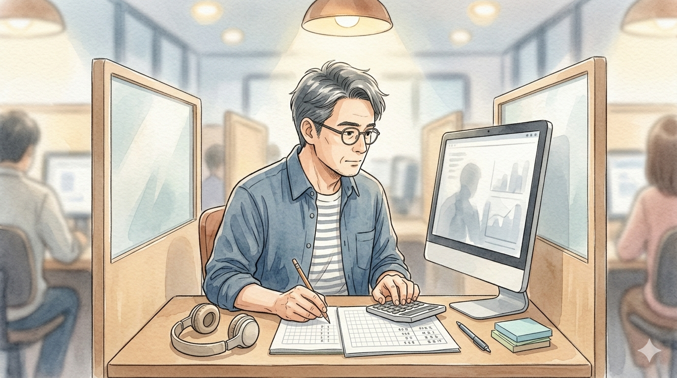 簿記3級ネット試験の試験会場個別ブースで受験する40代パパの水彩イラスト