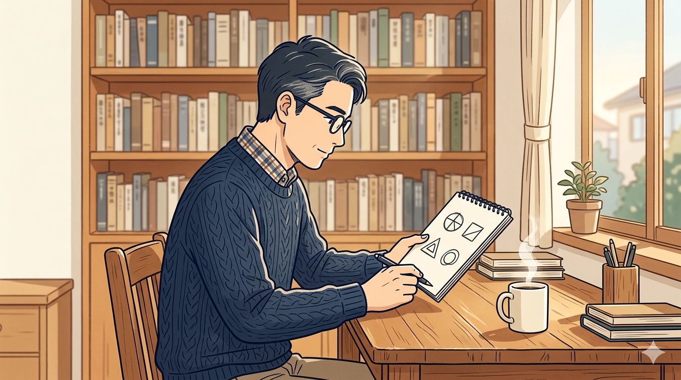 書斎で5原則を紙に描く40代の父親