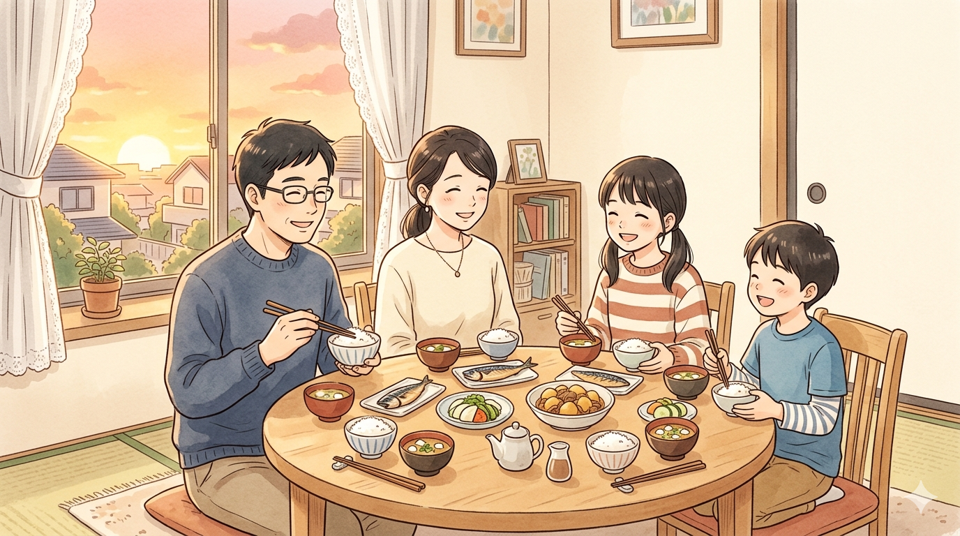 家族4人で食卓を囲む夕暮れのシーン