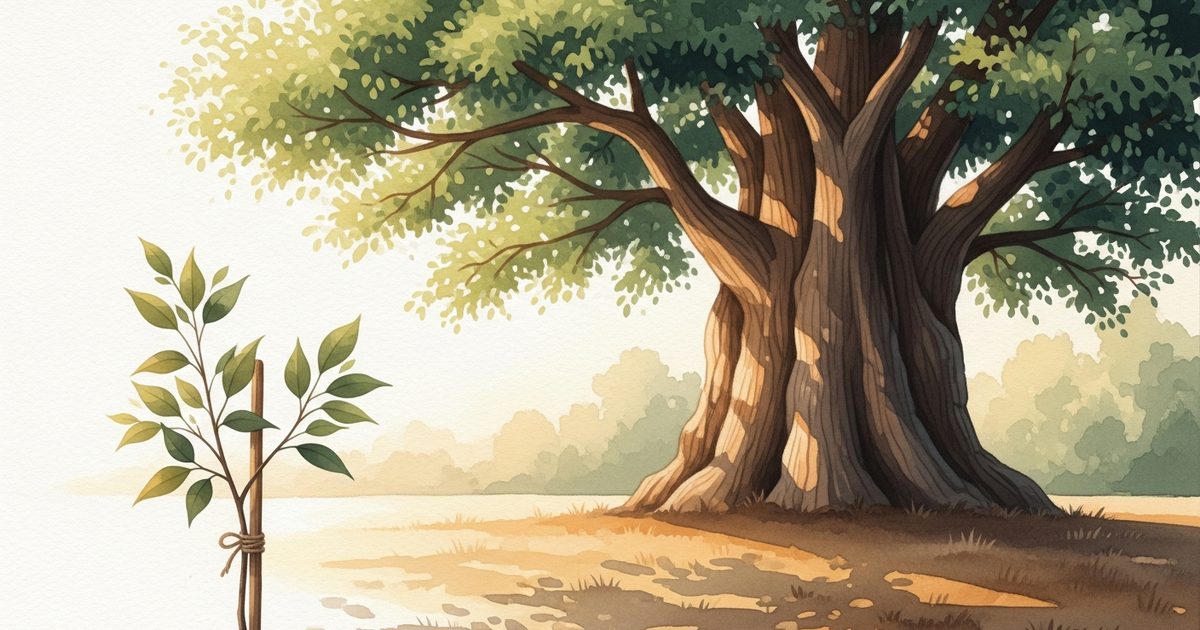 年輪を持つ大樹と植えたての若い苗のコントラスト