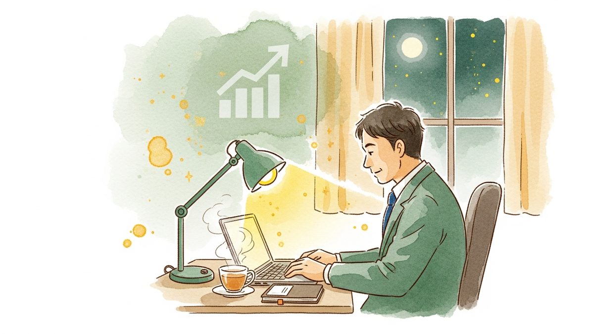 40代会社員が夜の自宅でノートPCで副業に取り組むシーン