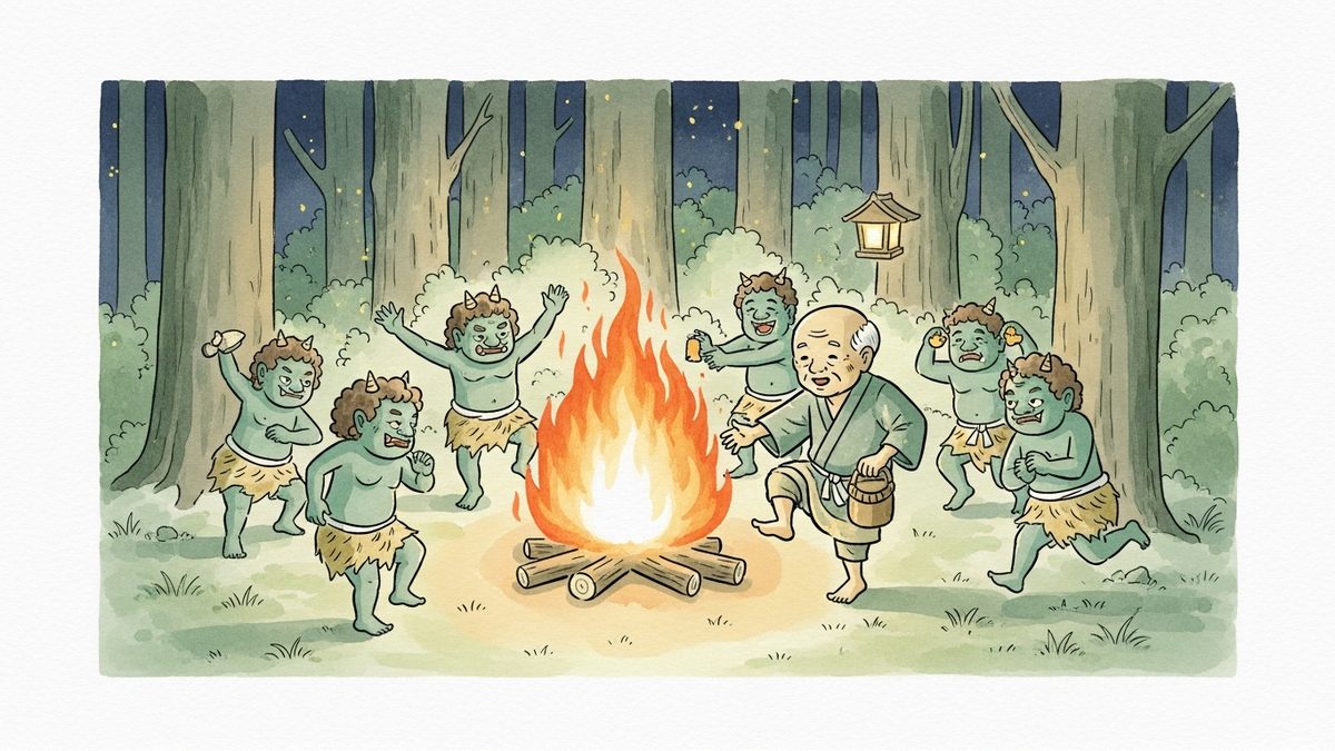 山中で鬼たちが踊り、爺さんが楽しげに加わる夜の宴