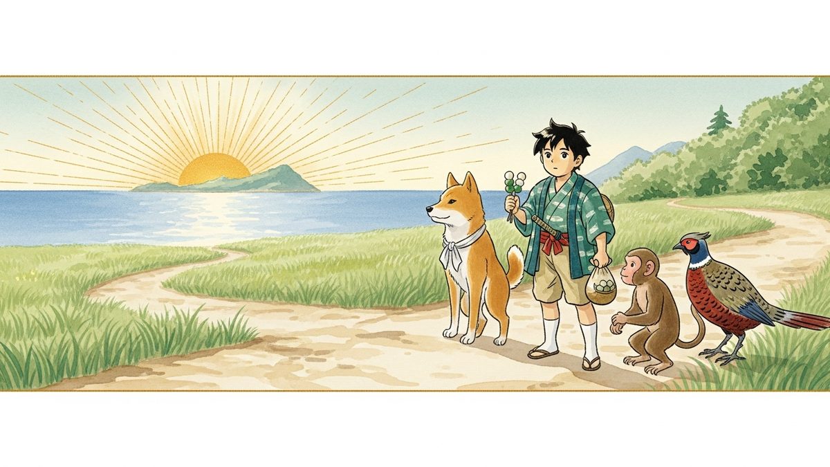 桃太郎が犬・猿・キジを率いて鬼ヶ島に向かう旅立ちのシーン