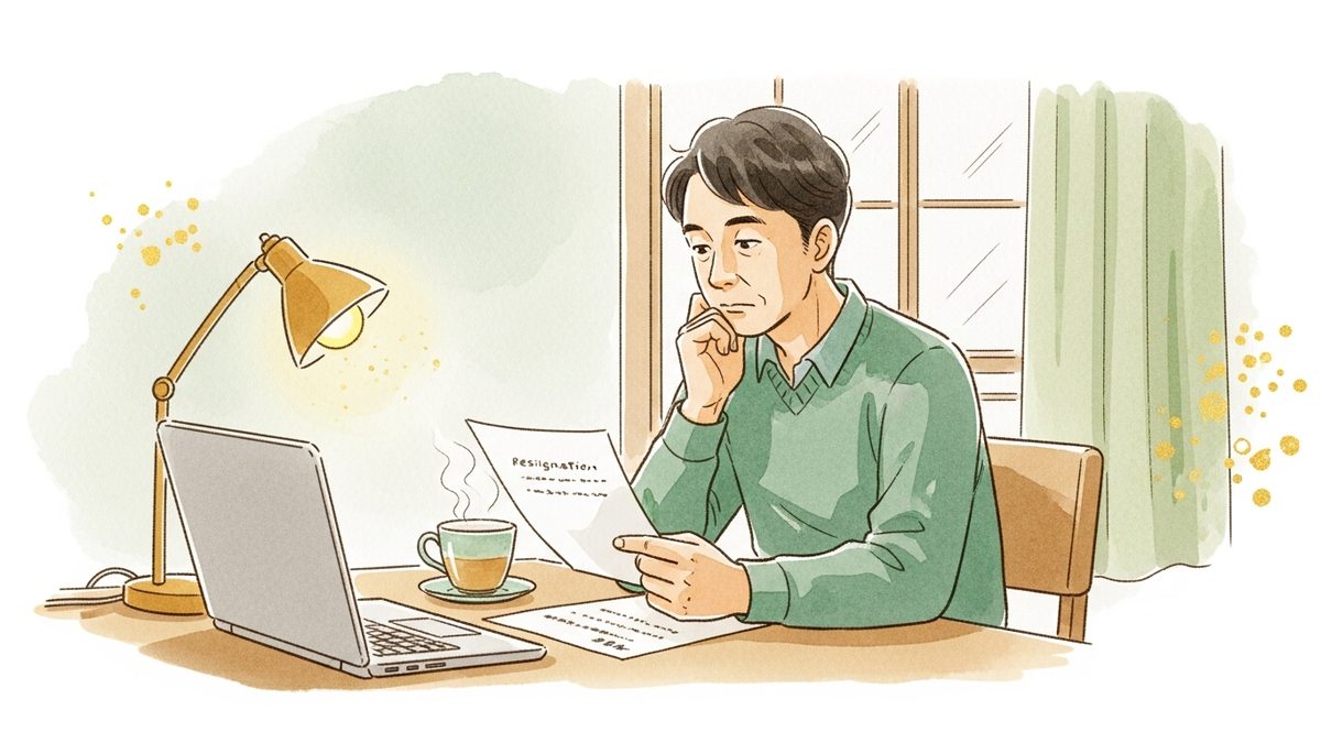 辞表を前に静かに考え込む現代の40代会社員