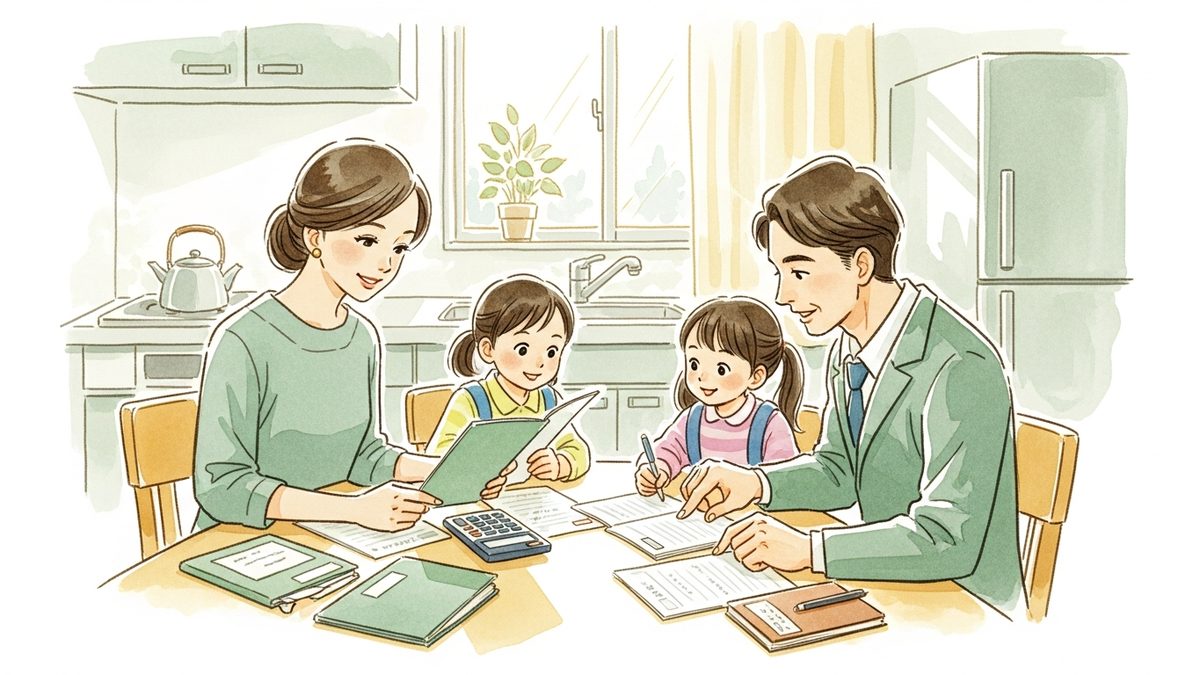 家族（夫婦＋子）が食卓で保険証券を整理する