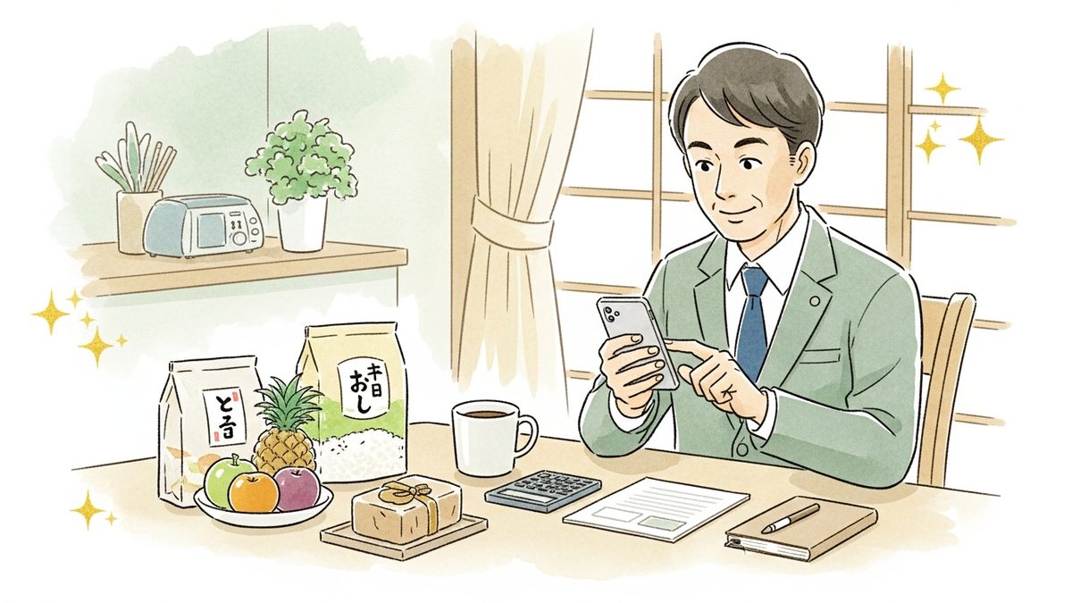 40代会社員がスマホでふるさと納税の返礼品を選ぶ食卓