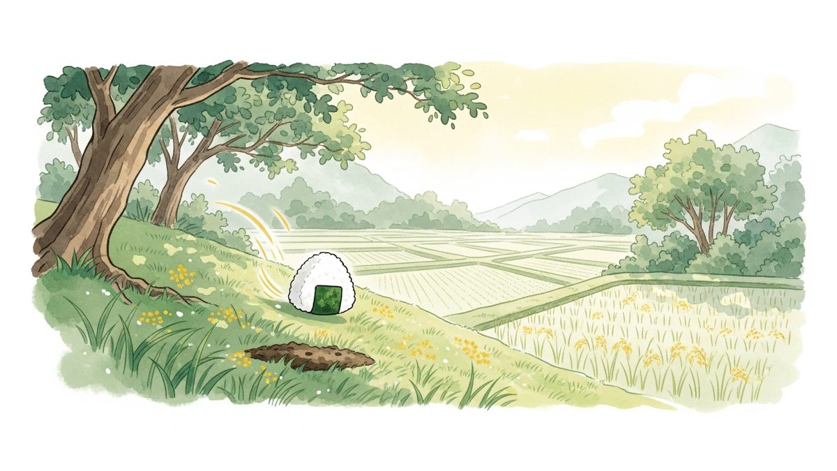 おむすびが地中の穴へ転がっていく牧歌的な田園風景