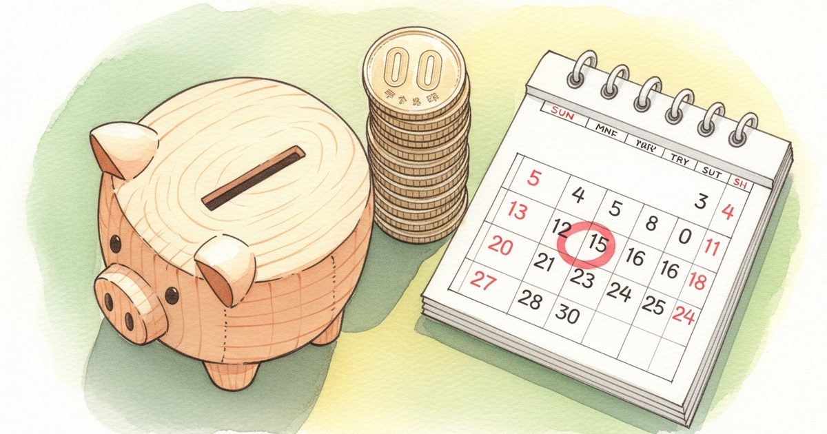 給料日と先取り貯蓄を象徴する貯金箱とカレンダーのイラスト
