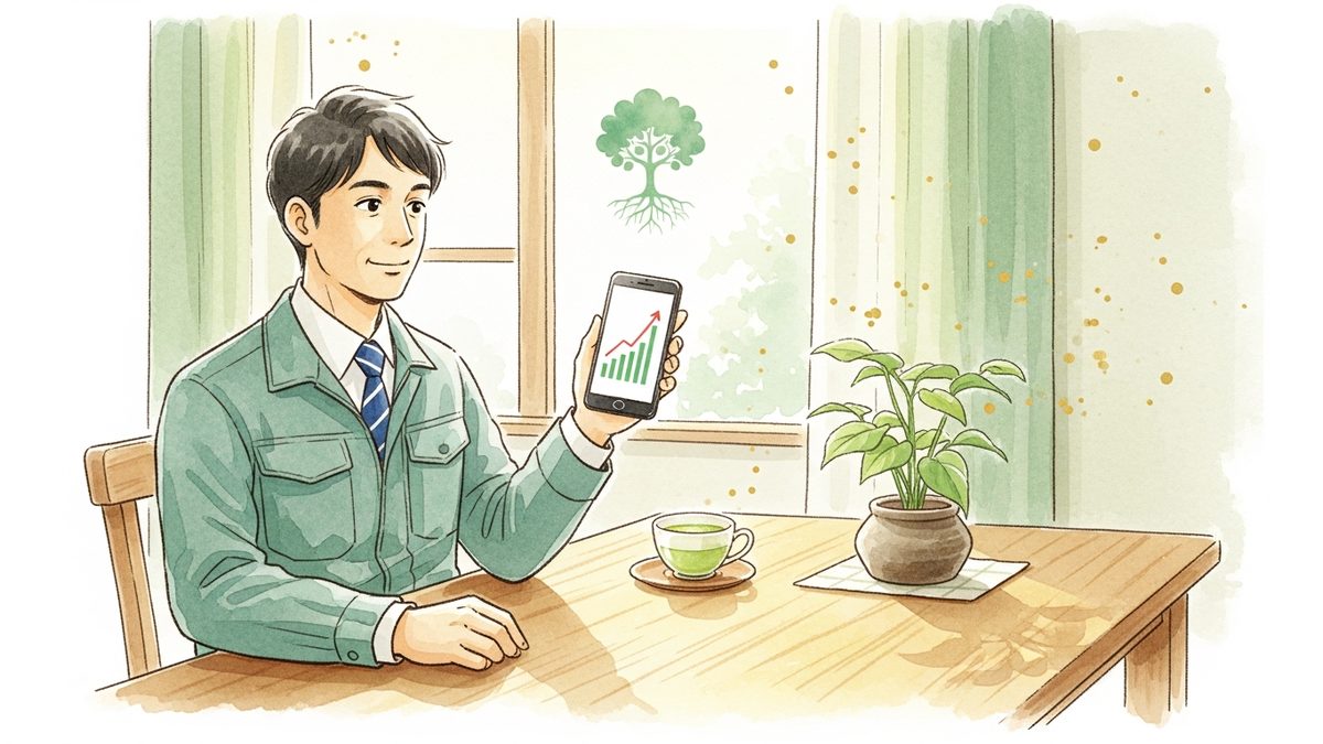 40代会社員がスマホでつみたてNISAの履歴を確認するシーン