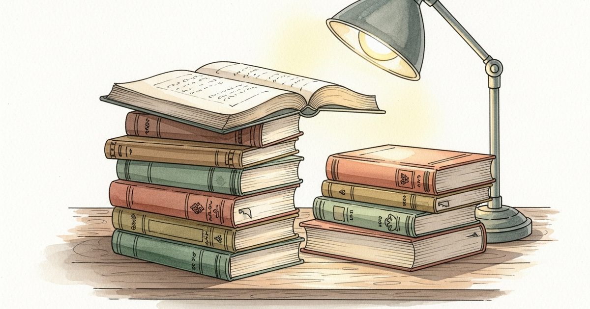 500ページの読書を象徴する積み重なった本のイラスト