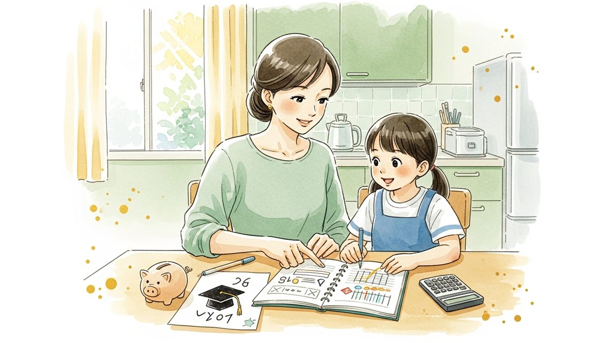 現代の40代ママが小学生の子と一緒に学資ノートを開く食卓