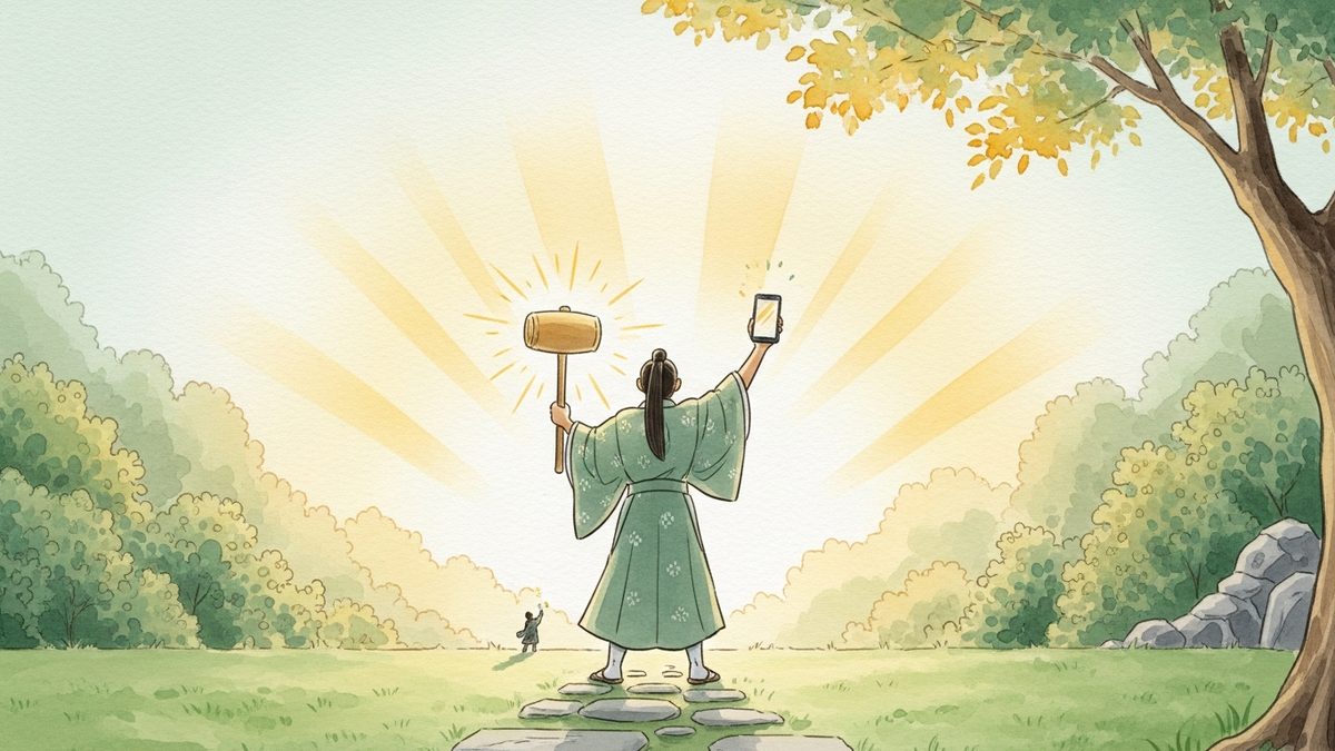 小さかった一寸法師が大きくなり、現代の道具と共に立つ象徴