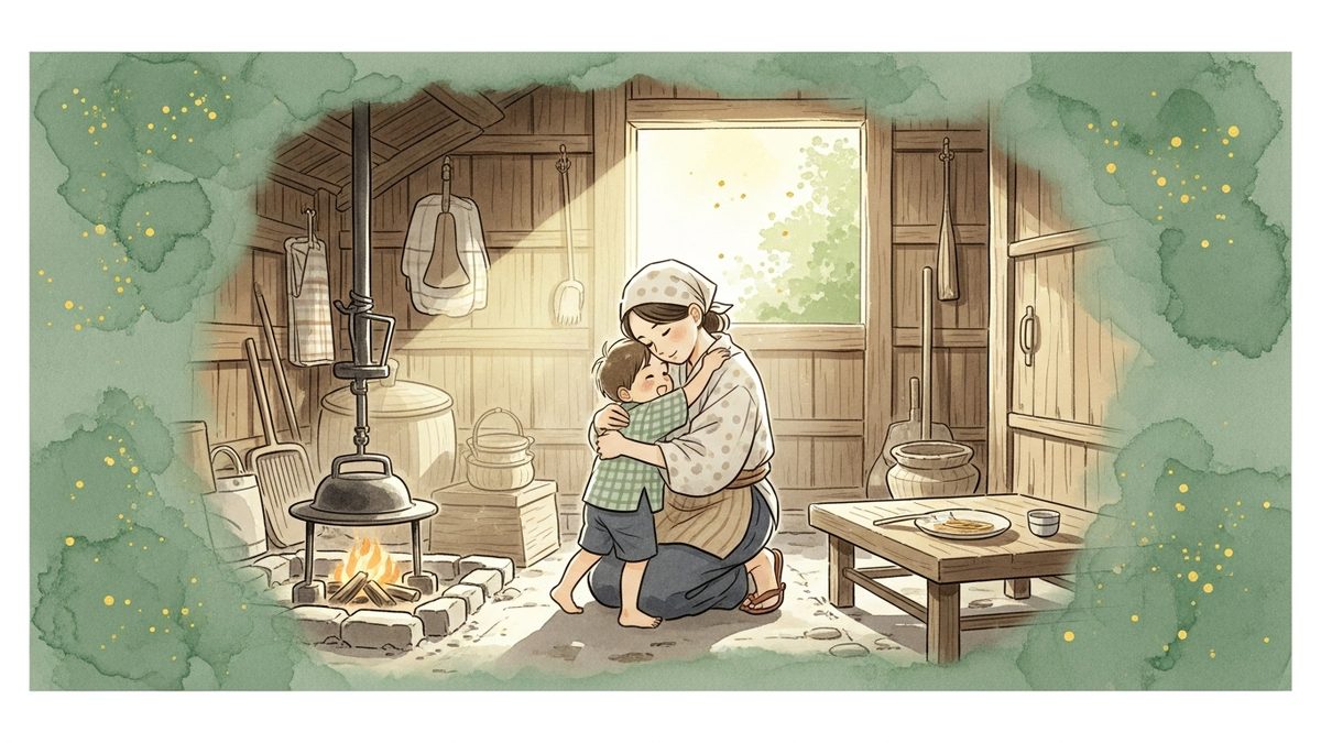 足柄山の山小屋でシングルマザーが幼い金太郎を抱きしめる質素な風景
