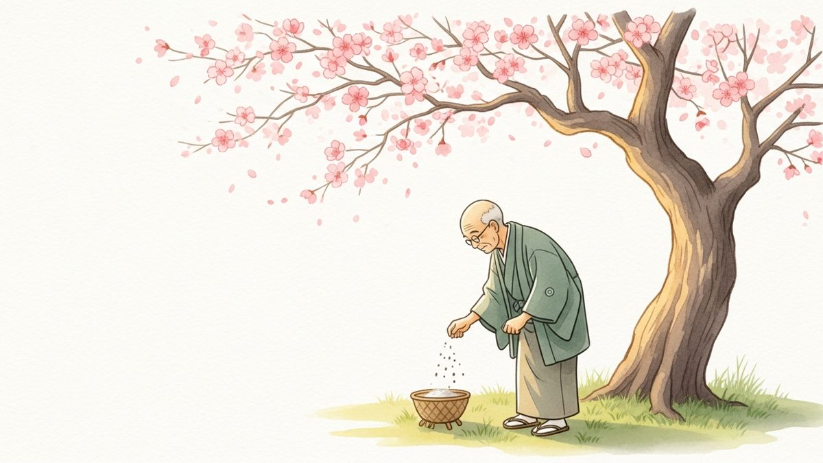 花咲か爺さんが枯れ木に花を咲かせる象徴的な場面
