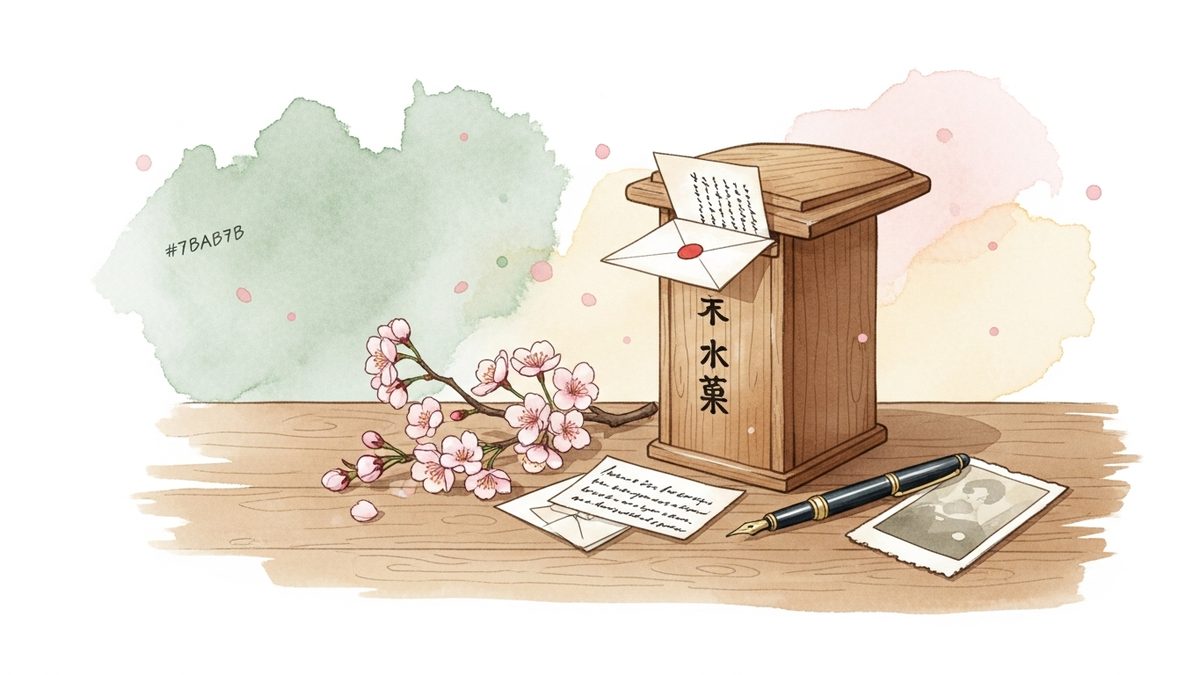 手紙と桜の枝、開いたままの古い文箱（残したいものの象徴）