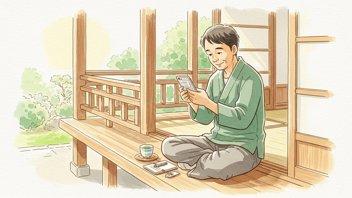 40代会社員が縁側で配当通知を受け取る穏やかな朝