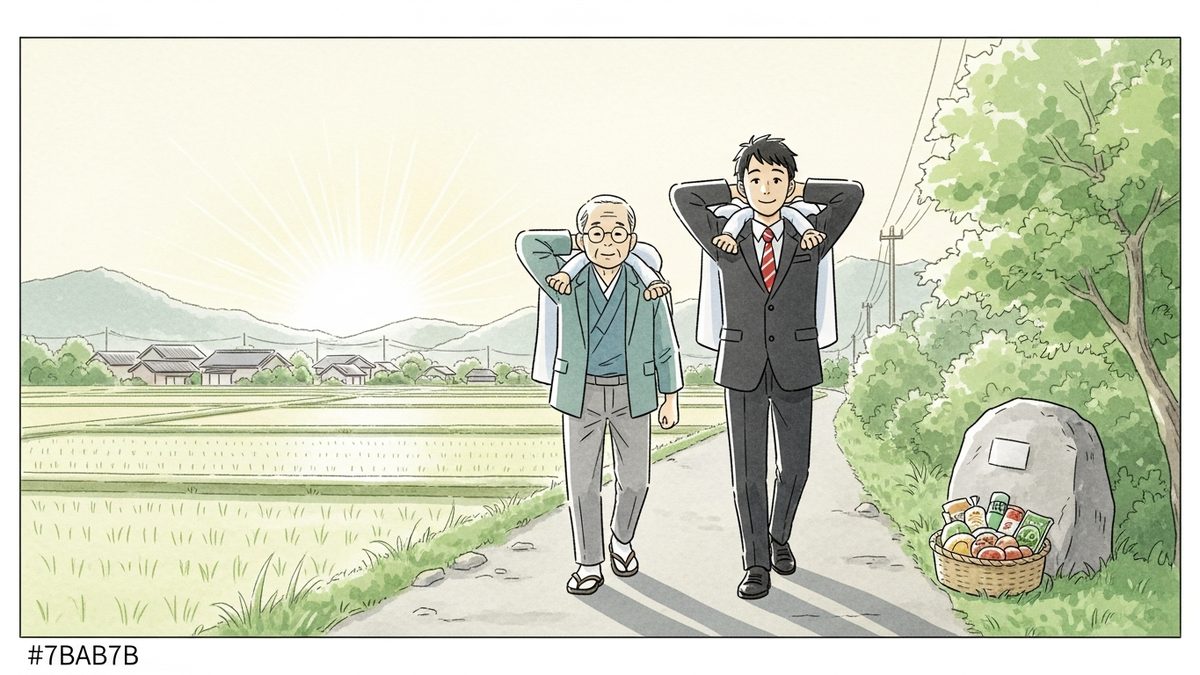 税負担というコブから解放された老人と現代会社員が並んで歩む明るい朝