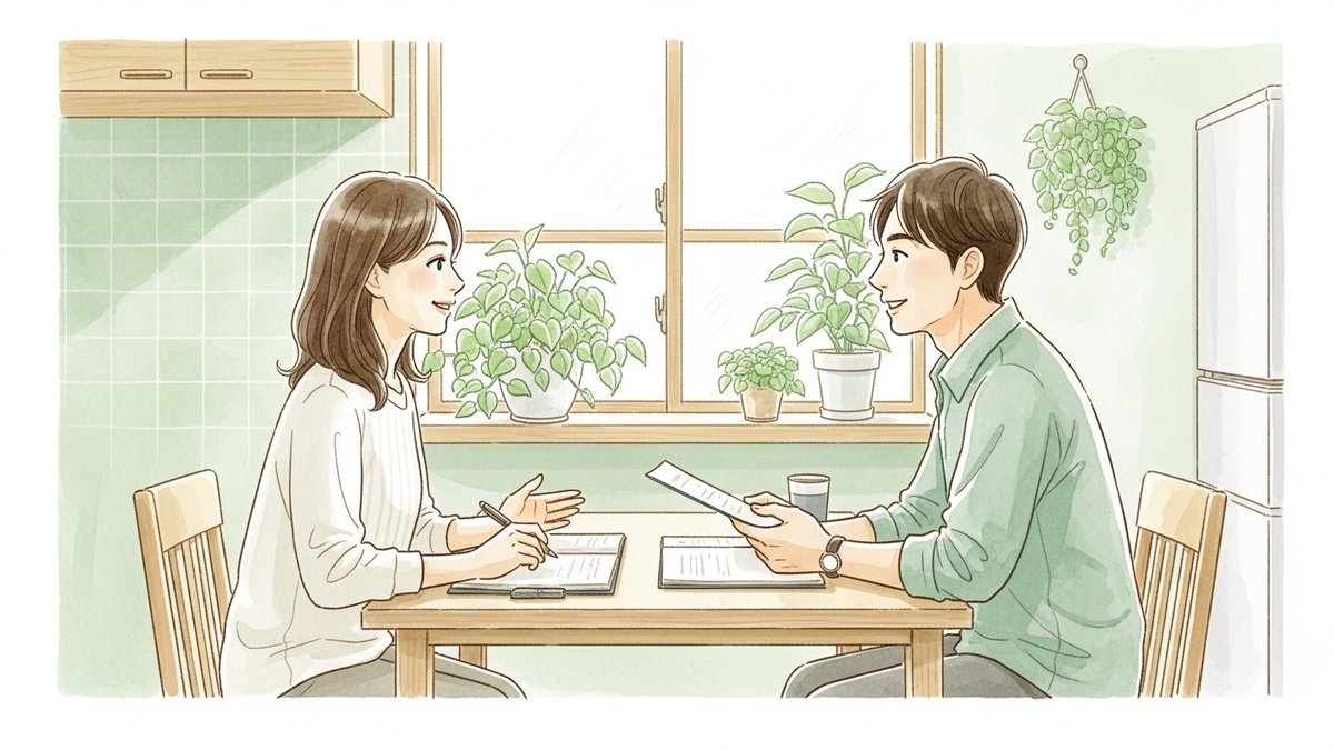 田中ファミリーが夫婦で年末調整・家計会議をするシーン
