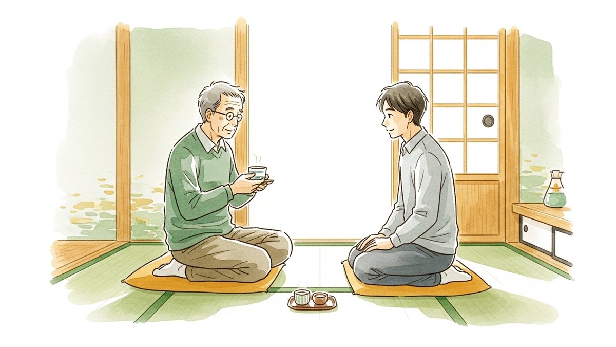 親(80歳・要支援1)と話す40代の息子・親の年金で介護費が賄えるかを家族で確認するシーン