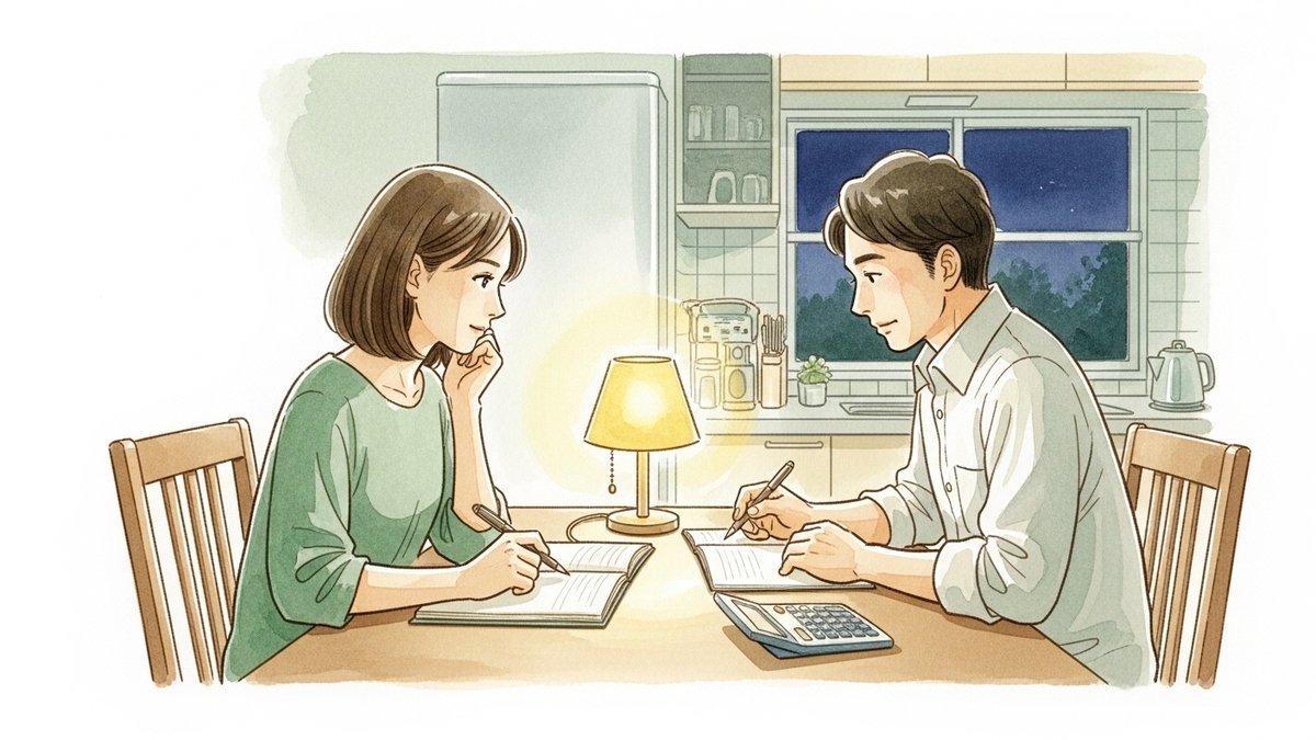 夜のキッチンで電卓とノートを広げて家計の3つの財布を話し合う田中家の夫婦