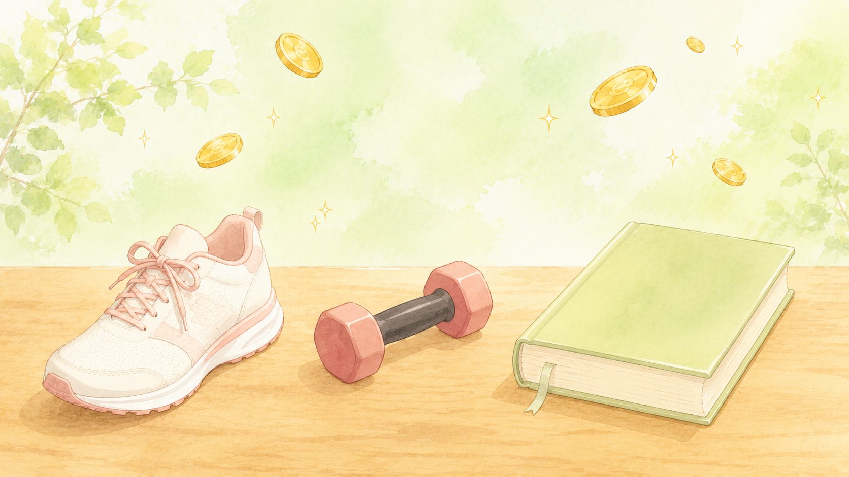 勉強の習慣化はランニング・筋トレと同じ・3つの習慣化アイテムが並ぶイメージ
