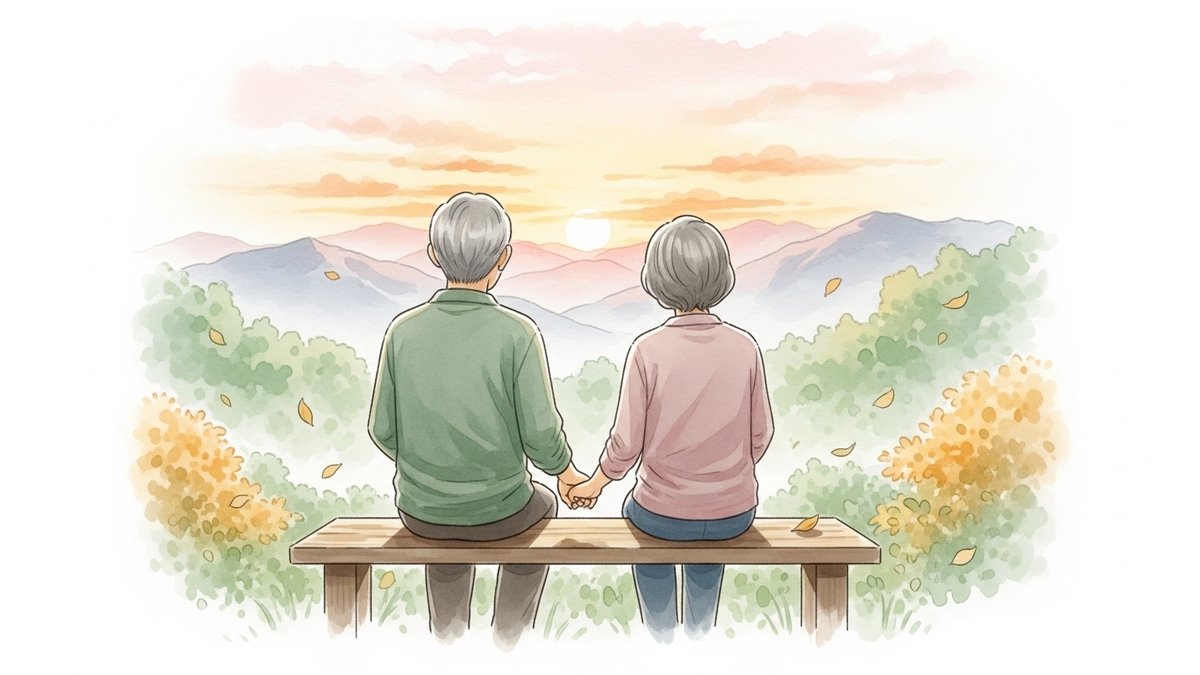 65歳以降の夫婦の老後|夕日を眺めながら穏やかに過ごすシーン