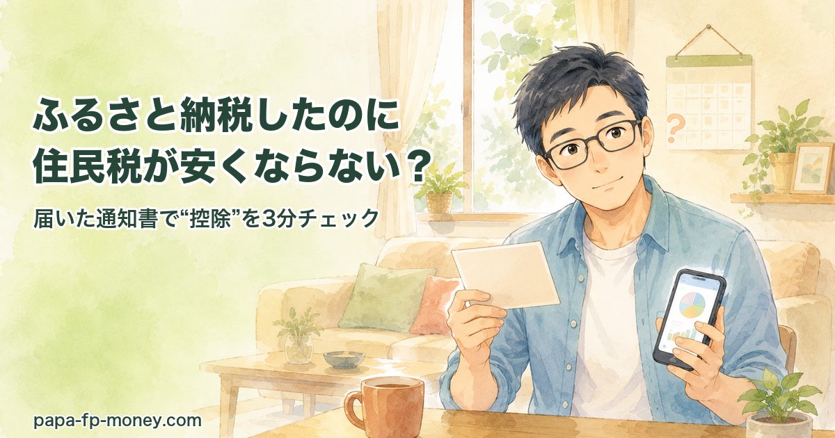 ふるさと納税したのに住民税が安くならないと感じる40代男性が住民税決定通知書とスマホを確認する