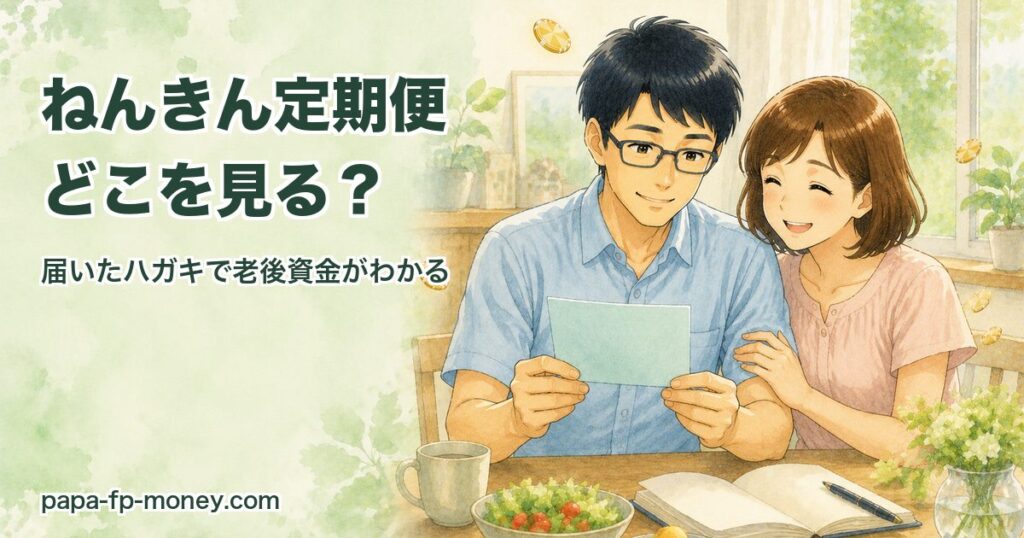 ねんきん定期便のハガキを一緒に見る40代の夫婦（水彩イラスト）