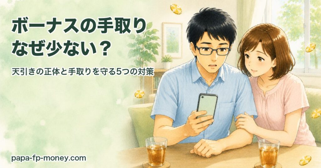 スマホの銀行アプリでボーナスの振込額を見て驚く40代夫婦の水彩イラスト