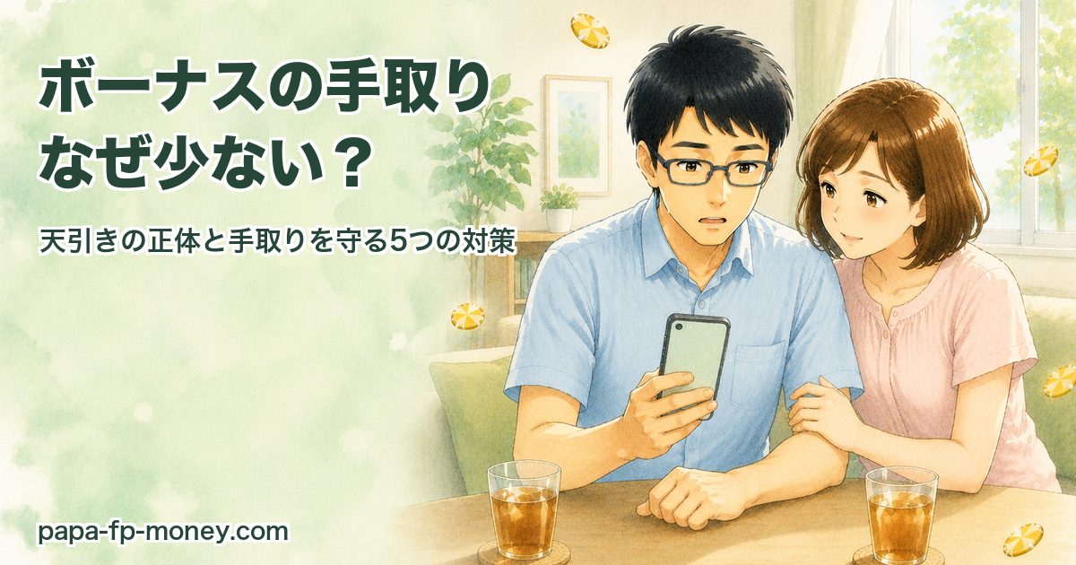 スマホの銀行アプリでボーナスの振込額を見て驚く40代夫婦の水彩イラスト