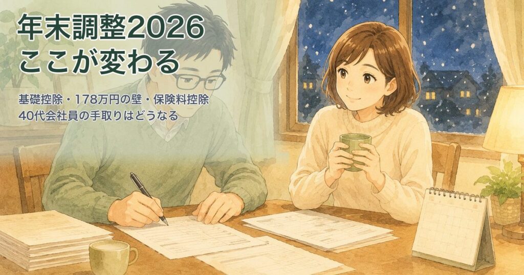 年末調整2026 ここが変わる 冬の夜に書類を確認する40代夫婦の水彩イラスト