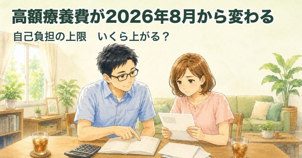 高額療養費が2026年8月から変わる 自己負担の上限いくら上がる 40代夫婦が家計を確認する水彩イラスト