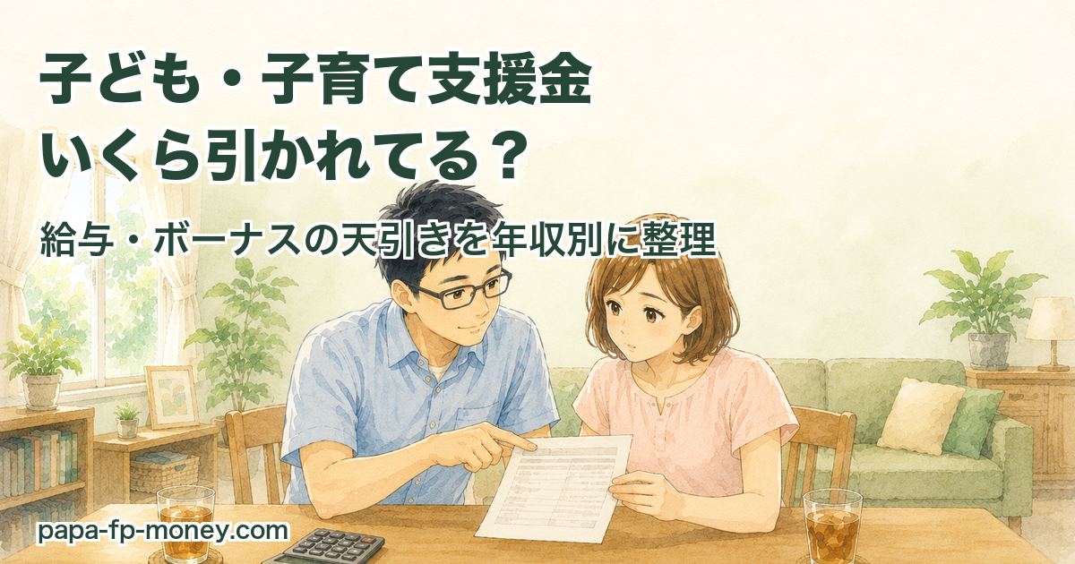 給与明細を見ながら子ども・子育て支援金の天引き額を確認する40代夫婦の水彩イラスト