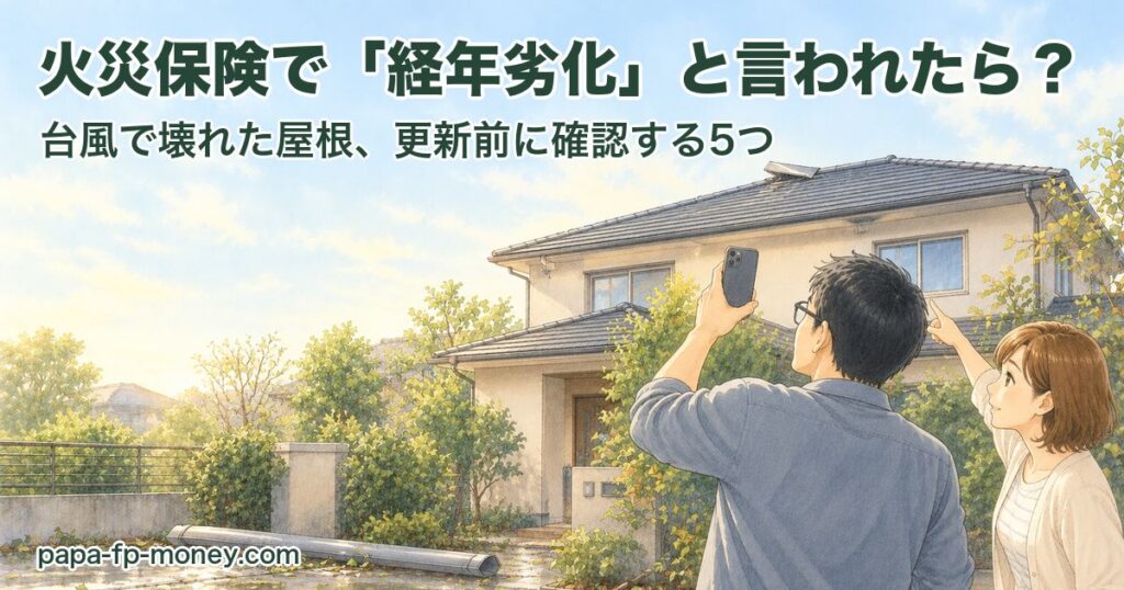 台風一過の朝、前庭から自宅の屋根のめくれた棟板金をスマートフォンで撮影する40代の夫と、屋根を指さす妻