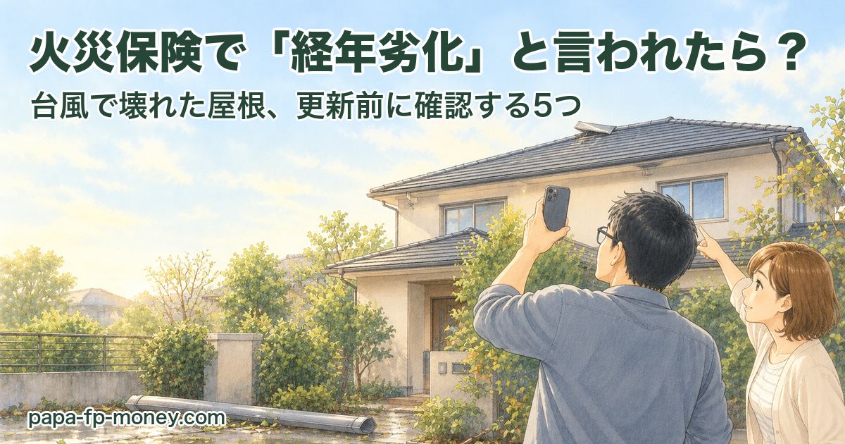台風一過の朝、前庭から自宅の屋根のめくれた棟板金をスマートフォンで撮影する40代の夫と、屋根を指さす妻