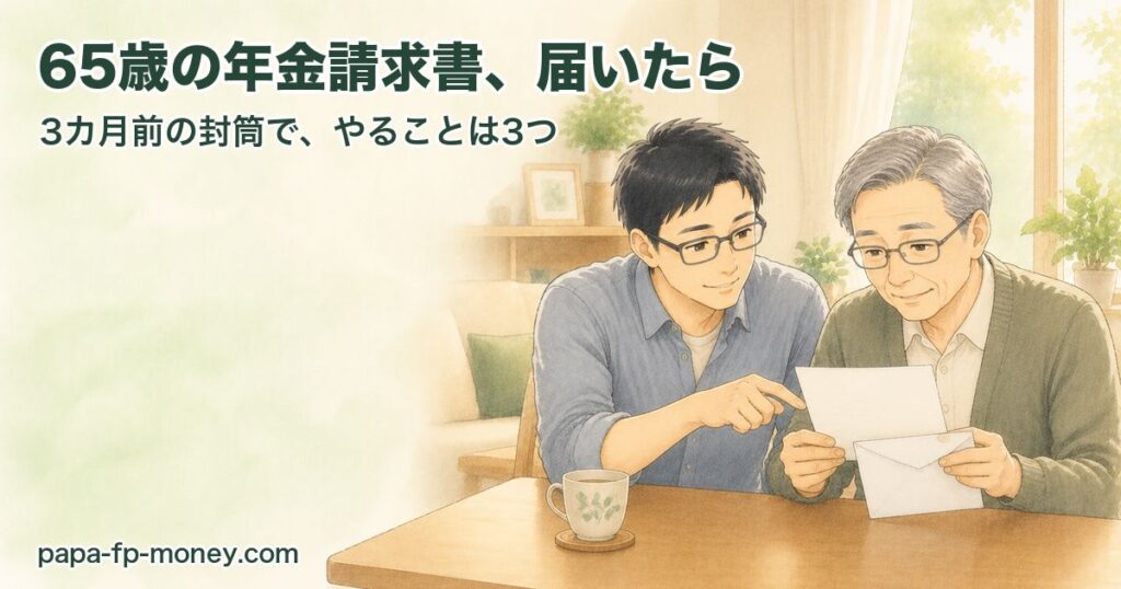 昼のリビングで、65歳の父に届いた年金請求書の封筒を、40代の息子が一緒に確認している