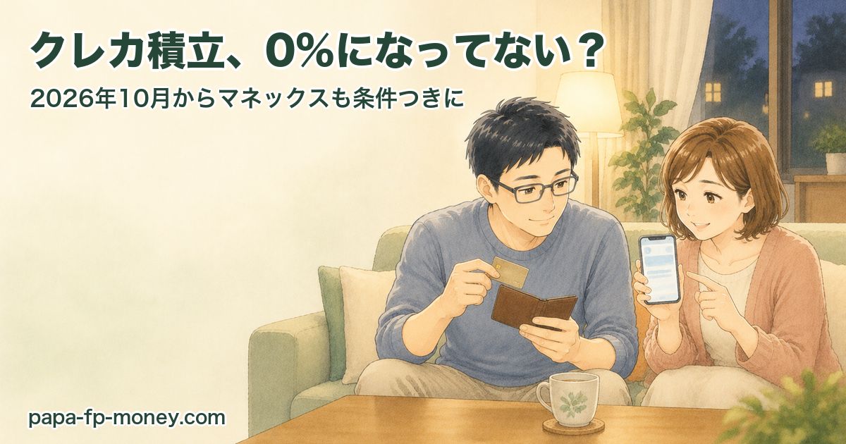 夜のリビングで、クレジットカードの利用明細を見ながらクレカ積立の条件を確認する夫婦