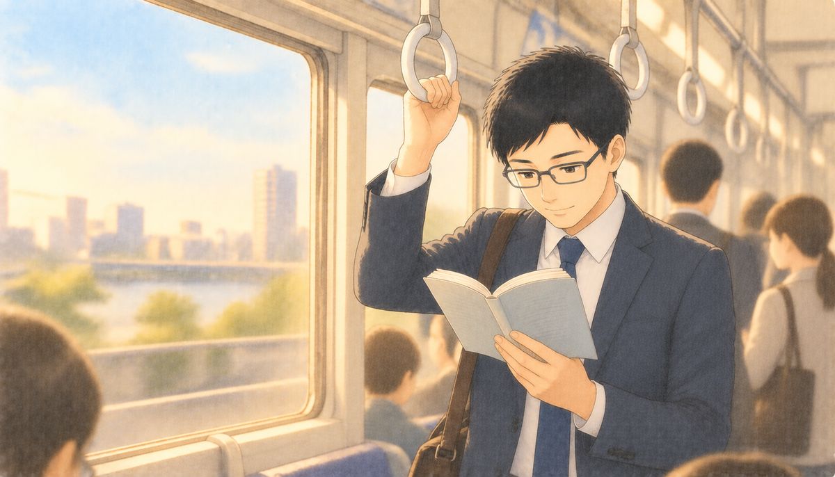 朝の通勤電車で、つり革につかまりながら参考書を読む会社員