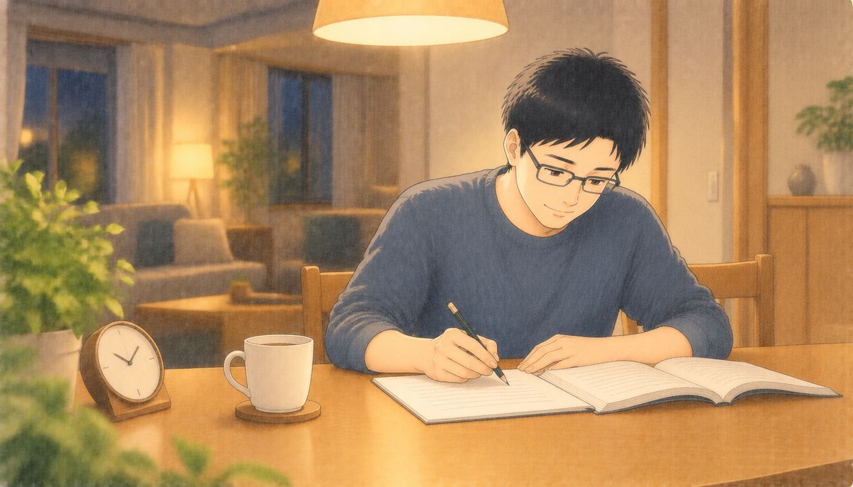 夜のダイニングテーブルで、問題集とノートに向かって勉強する会社員