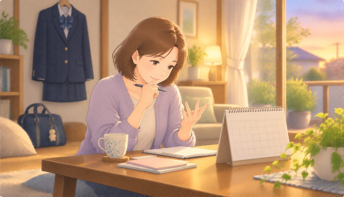中学の制服が掛かる部屋で、カレンダーを見ながら指を折って年数を数える母親の水彩イラスト