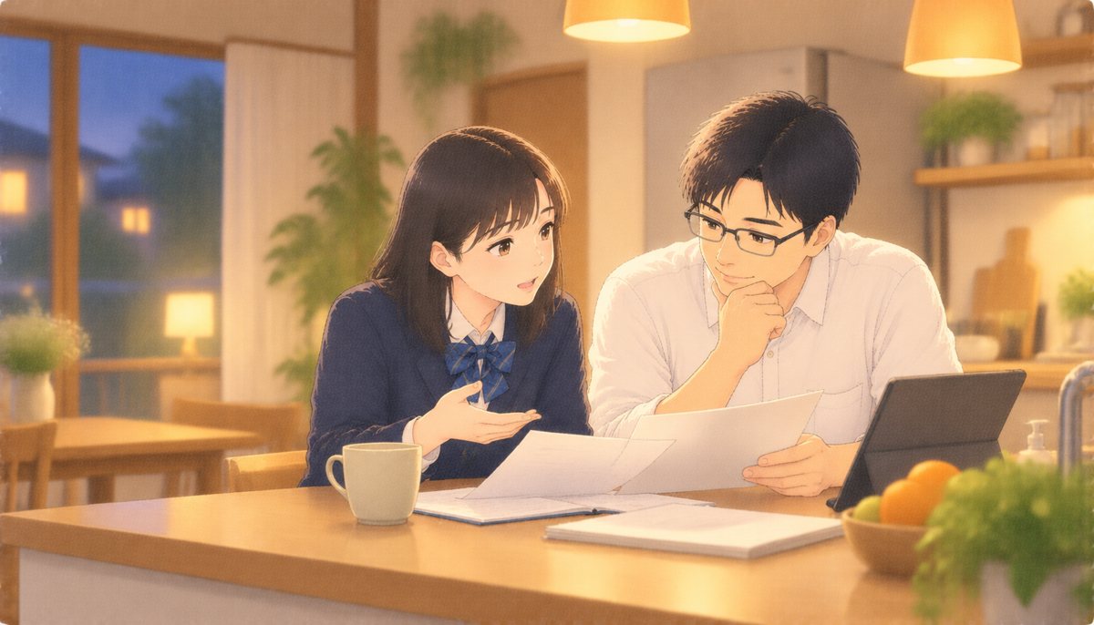 キッチンカウンターで書類とタブレットを見ながら話す高校生の娘と父親の水彩イラスト