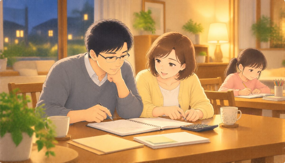 夜のダイニングで家計のノートと電卓を見ながら話す夫婦と、宿題をする娘の水彩イラスト