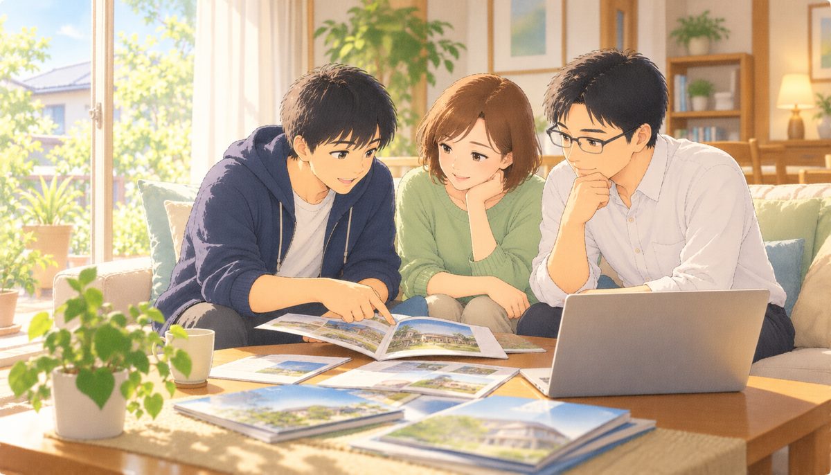 リビングで大学のパンフレットを見ながら進路を話し合う高校生の息子と両親の水彩イラスト