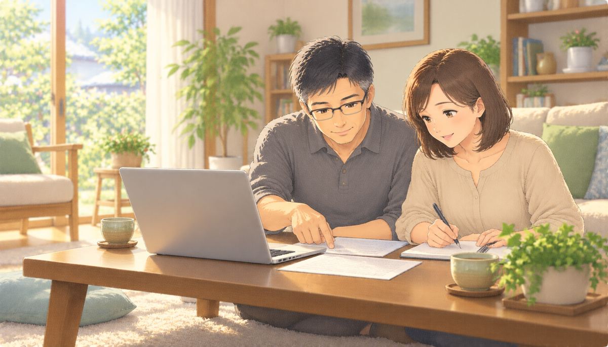 リビングでノートパソコンと書類を見ながら、iDeCoの受け取り方を話し合う夫婦の水彩イラスト