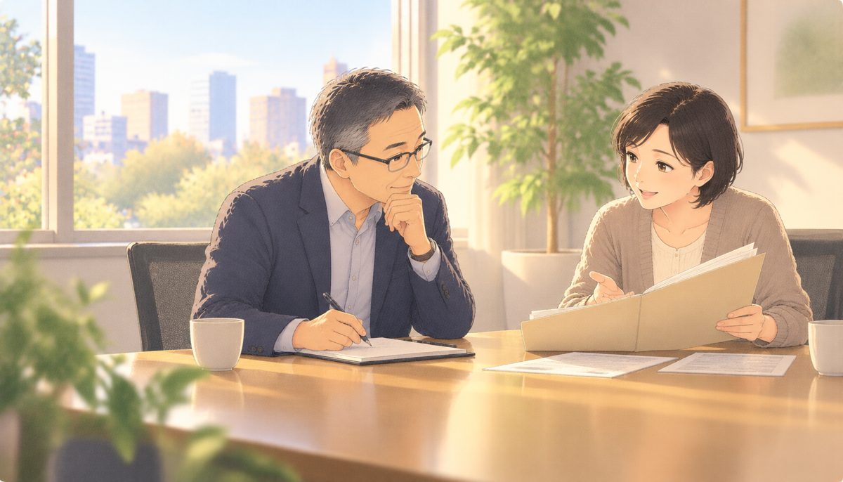 会社の会議室で、人事担当者から退職金の資料の説明を受ける男性の水彩イラスト